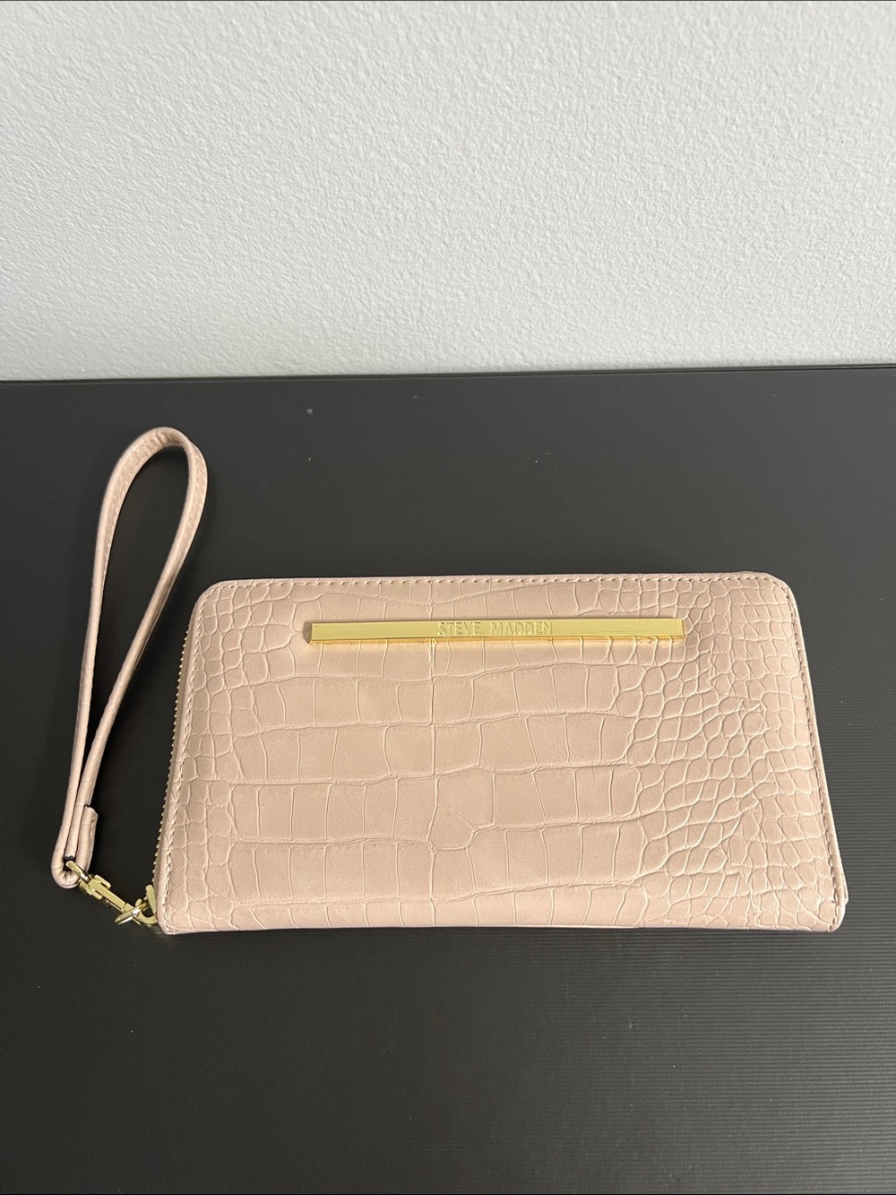 Steve Madden Pink Croc-Embossed Wristlet with Gold Trim